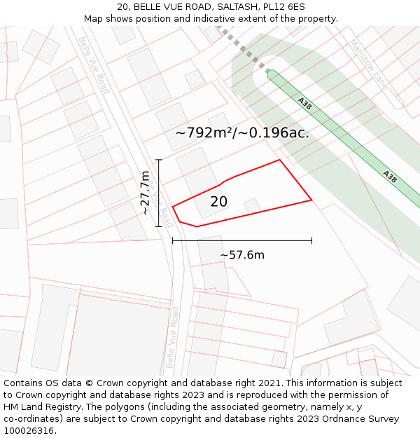 20, BELLE VUE ROAD, SALTASH, PL12 6ES: Plot and title map