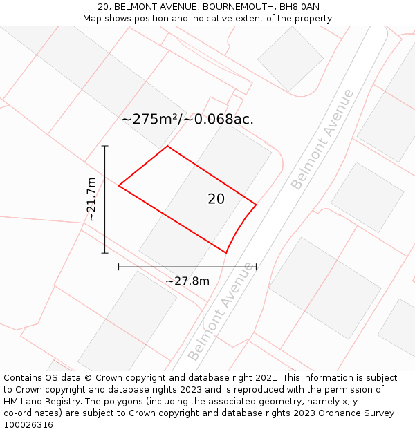 20, BELMONT AVENUE, BOURNEMOUTH, BH8 0AN: Plot and title map