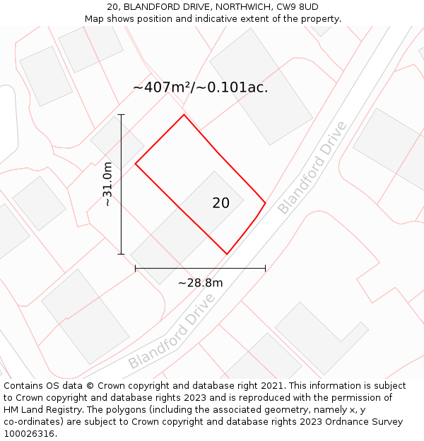 20, BLANDFORD DRIVE, NORTHWICH, CW9 8UD: Plot and title map