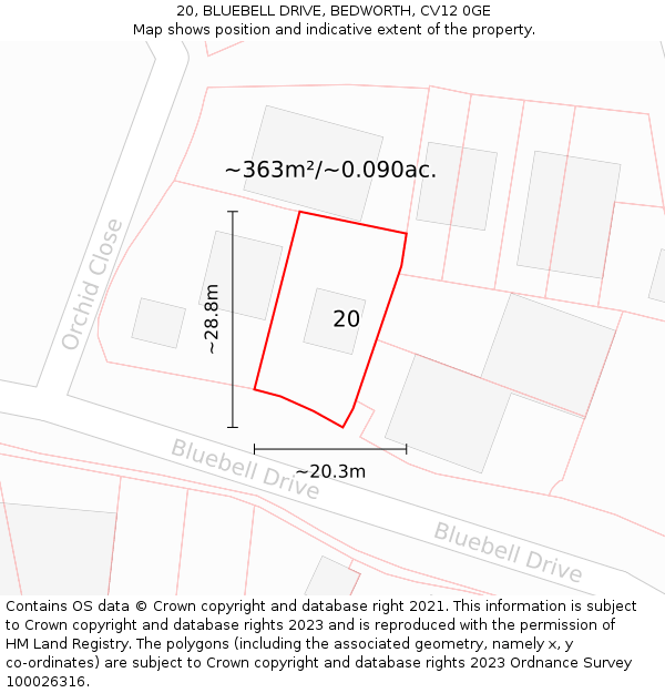 20, BLUEBELL DRIVE, BEDWORTH, CV12 0GE: Plot and title map