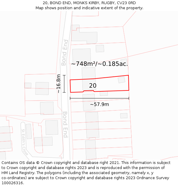 20, BOND END, MONKS KIRBY, RUGBY, CV23 0RD: Plot and title map