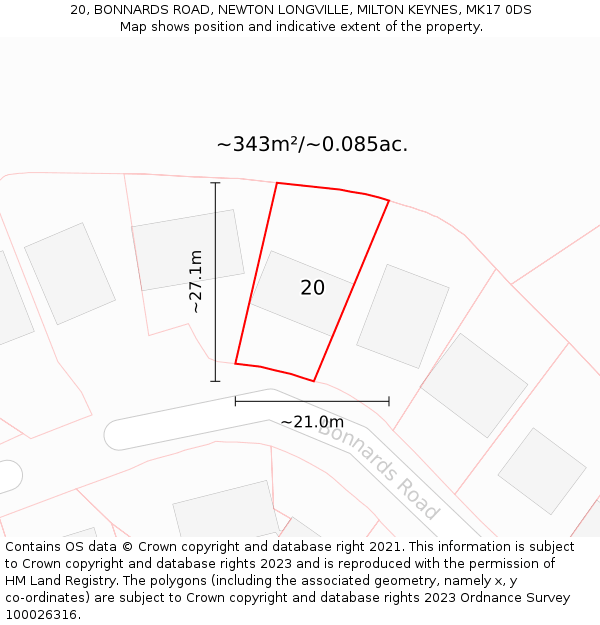 20, BONNARDS ROAD, NEWTON LONGVILLE, MILTON KEYNES, MK17 0DS: Plot and title map