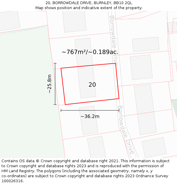 20, BORROWDALE DRIVE, BURNLEY, BB10 2QL: Plot and title map