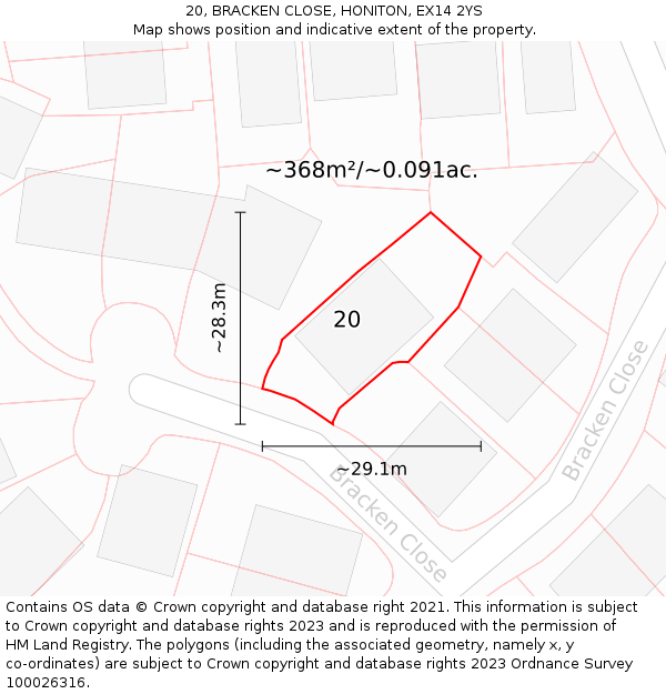 20, BRACKEN CLOSE, HONITON, EX14 2YS: Plot and title map