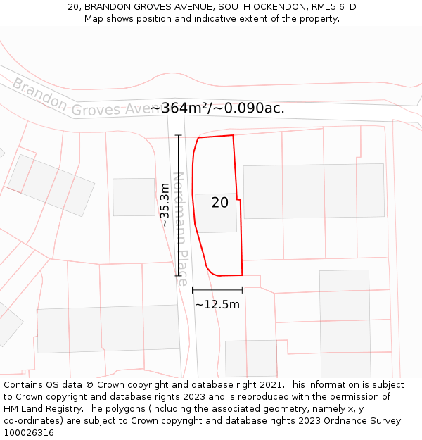 20, BRANDON GROVES AVENUE, SOUTH OCKENDON, RM15 6TD: Plot and title map