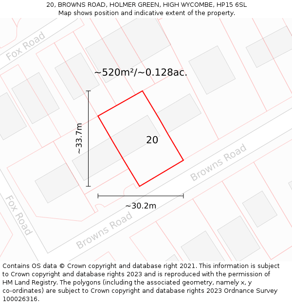 20, BROWNS ROAD, HOLMER GREEN, HIGH WYCOMBE, HP15 6SL: Plot and title map