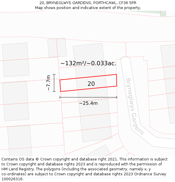 20, BRYNEGLWYS GARDENS, PORTHCAWL, CF36 5PR: Plot and title map