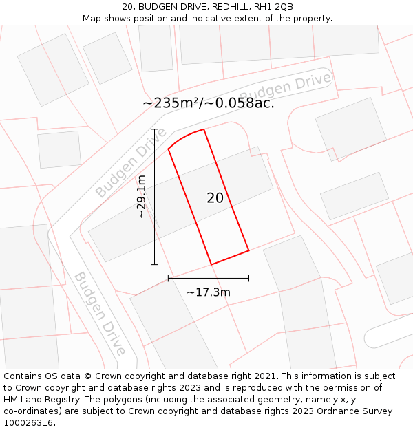 20, BUDGEN DRIVE, REDHILL, RH1 2QB: Plot and title map