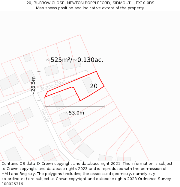 20, BURROW CLOSE, NEWTON POPPLEFORD, SIDMOUTH, EX10 0BS: Plot and title map