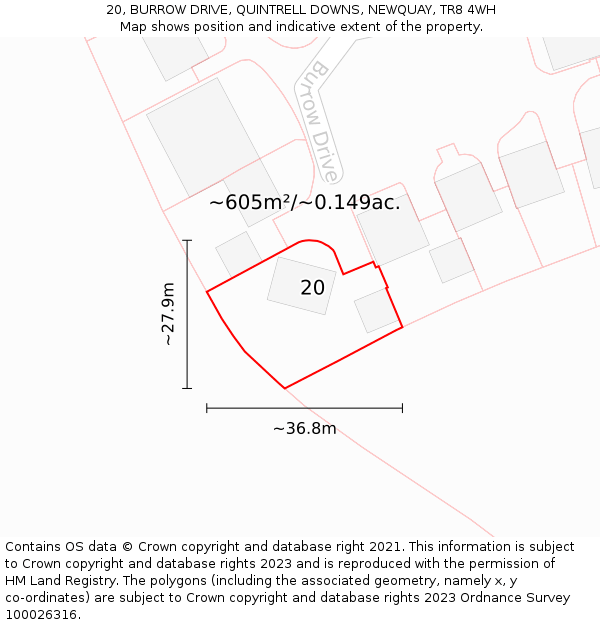 20, BURROW DRIVE, QUINTRELL DOWNS, NEWQUAY, TR8 4WH: Plot and title map