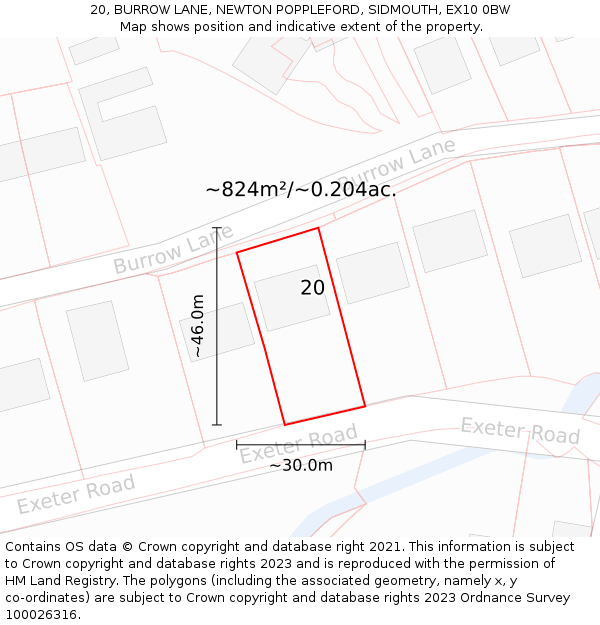 20, BURROW LANE, NEWTON POPPLEFORD, SIDMOUTH, EX10 0BW: Plot and title map