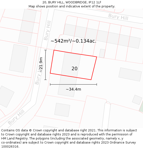 20, BURY HILL, WOODBRIDGE, IP12 1LF: Plot and title map