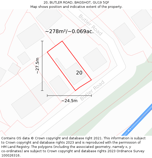 20, BUTLER ROAD, BAGSHOT, GU19 5QF: Plot and title map