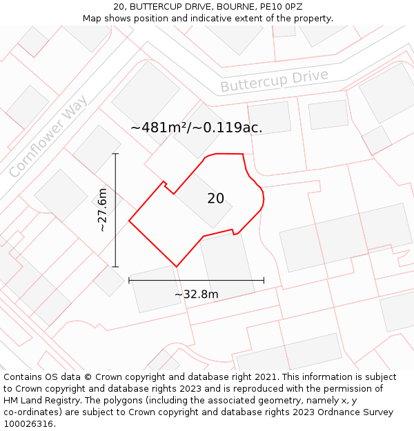 20, BUTTERCUP DRIVE, BOURNE, PE10 0PZ: Plot and title map