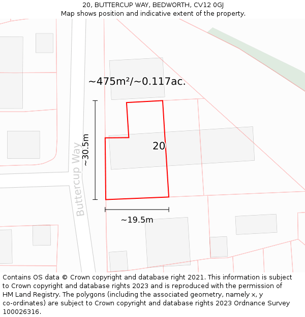 20, BUTTERCUP WAY, BEDWORTH, CV12 0GJ: Plot and title map