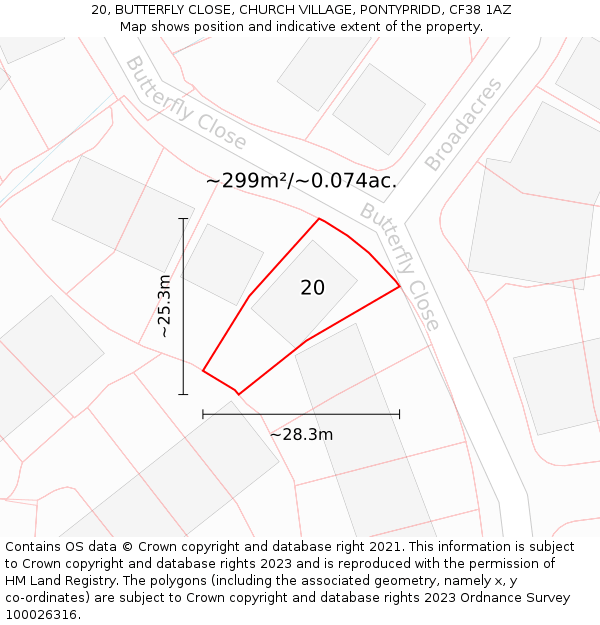 20, BUTTERFLY CLOSE, CHURCH VILLAGE, PONTYPRIDD, CF38 1AZ: Plot and title map