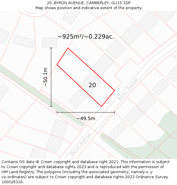 20, BYRON AVENUE, CAMBERLEY, GU15 1DP: Plot and title map