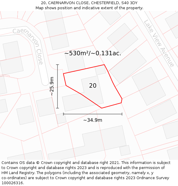 20, CAERNARVON CLOSE, CHESTERFIELD, S40 3DY: Plot and title map