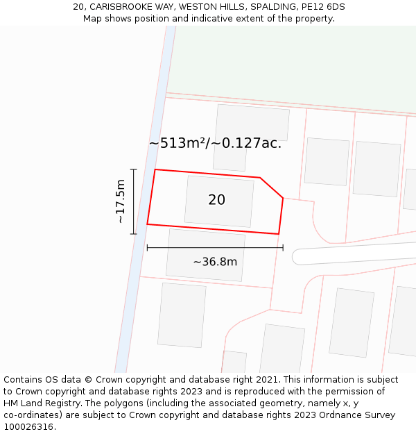 20, CARISBROOKE WAY, WESTON HILLS, SPALDING, PE12 6DS: Plot and title map