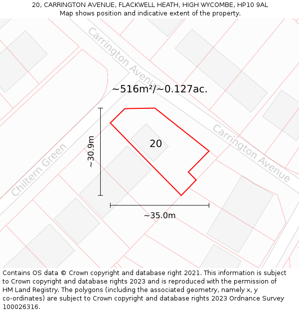 20, CARRINGTON AVENUE, FLACKWELL HEATH, HIGH WYCOMBE, HP10 9AL: Plot and title map