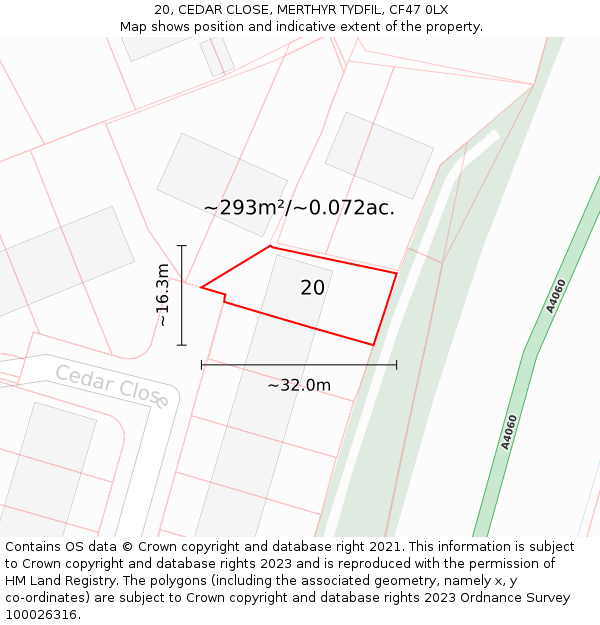 20, CEDAR CLOSE, MERTHYR TYDFIL, CF47 0LX: Plot and title map