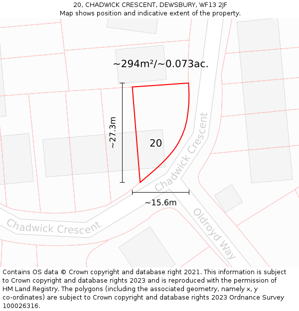 20, CHADWICK CRESCENT, DEWSBURY, WF13 2JF: Plot and title map