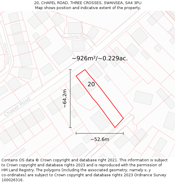 20, CHAPEL ROAD, THREE CROSSES, SWANSEA, SA4 3PU: Plot and title map