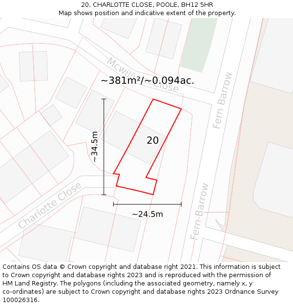 20, CHARLOTTE CLOSE, POOLE, BH12 5HR: Plot and title map