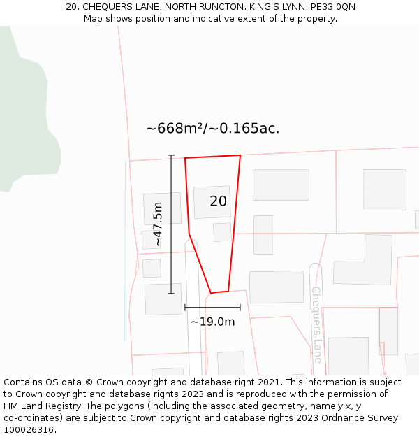 20, CHEQUERS LANE, NORTH RUNCTON, KING'S LYNN, PE33 0QN: Plot and title map