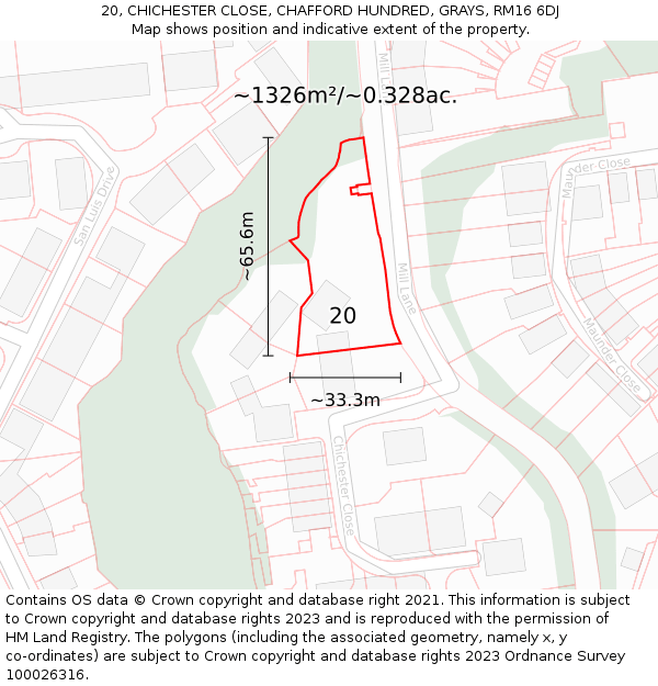20, CHICHESTER CLOSE, CHAFFORD HUNDRED, GRAYS, RM16 6DJ: Plot and title map