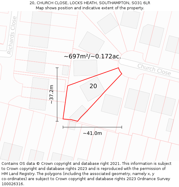 20, CHURCH CLOSE, LOCKS HEATH, SOUTHAMPTON, SO31 6LR: Plot and title map