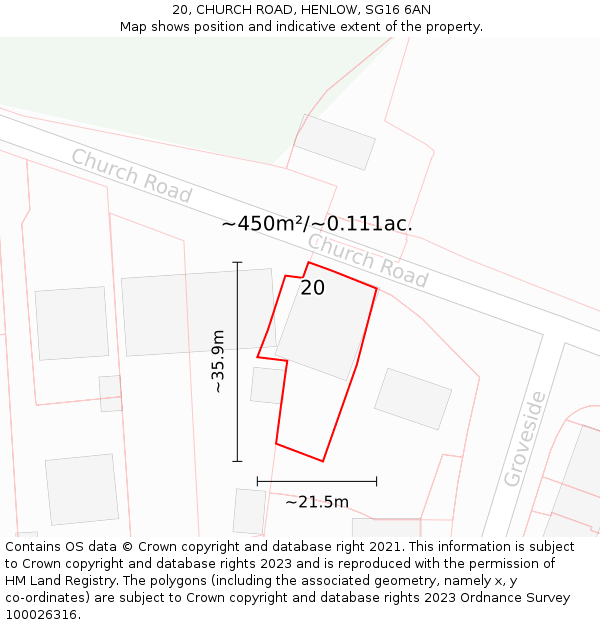 20, CHURCH ROAD, HENLOW, SG16 6AN: Plot and title map