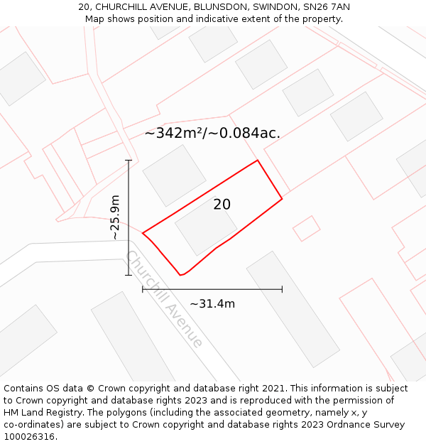 20, CHURCHILL AVENUE, BLUNSDON, SWINDON, SN26 7AN: Plot and title map