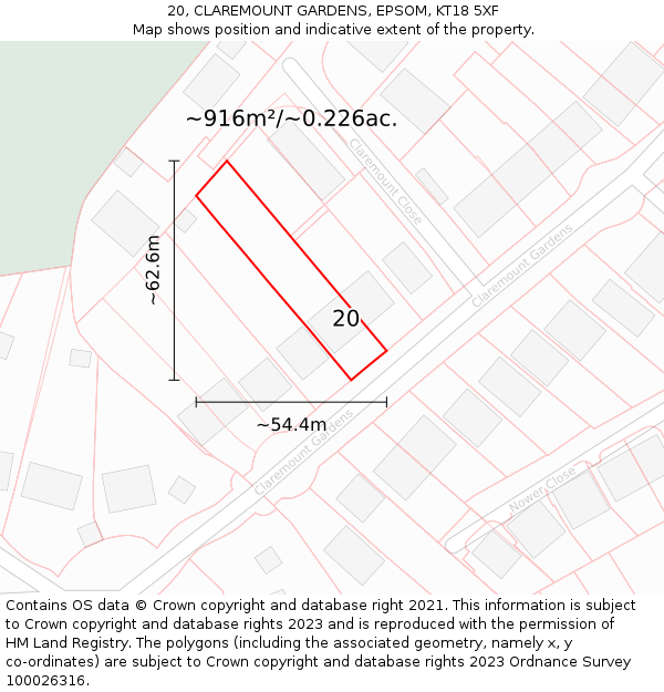 20, CLAREMOUNT GARDENS, EPSOM, KT18 5XF: Plot and title map