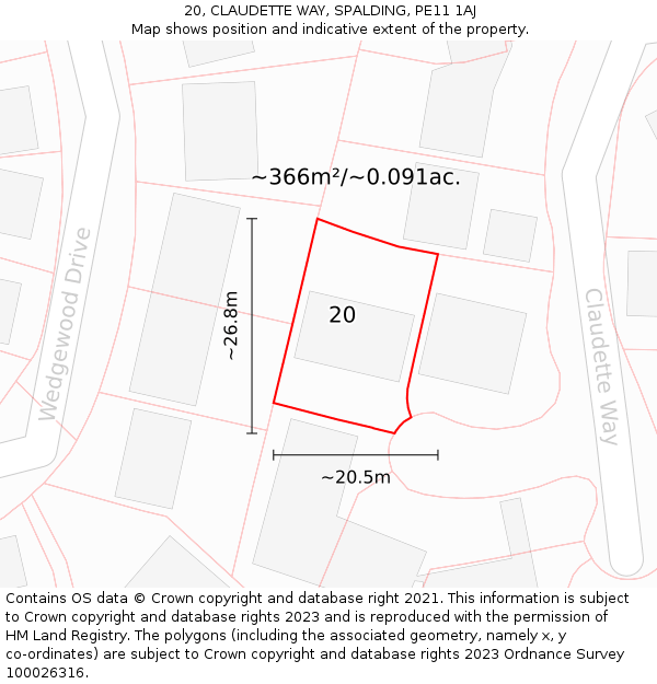 20, CLAUDETTE WAY, SPALDING, PE11 1AJ: Plot and title map