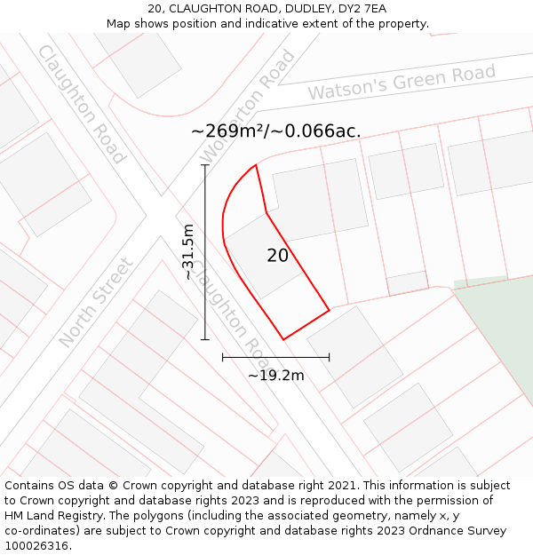 20, CLAUGHTON ROAD, DUDLEY, DY2 7EA: Plot and title map