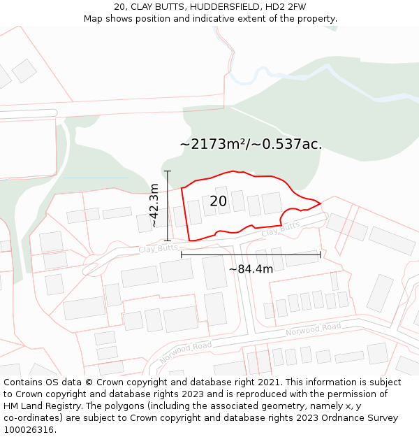 20, CLAY BUTTS, HUDDERSFIELD, HD2 2FW: Plot and title map