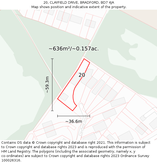 20, CLAYFIELD DRIVE, BRADFORD, BD7 4JA: Plot and title map