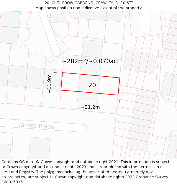 20, CLITHEROW GARDENS, CRAWLEY, RH10 6TT: Plot and title map