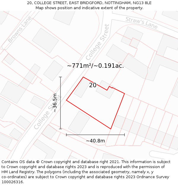20, COLLEGE STREET, EAST BRIDGFORD, NOTTINGHAM, NG13 8LE: Plot and title map