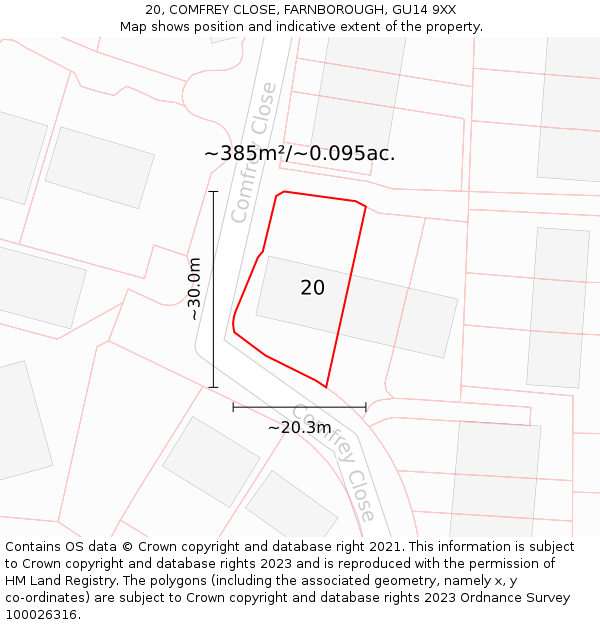 20, COMFREY CLOSE, FARNBOROUGH, GU14 9XX: Plot and title map