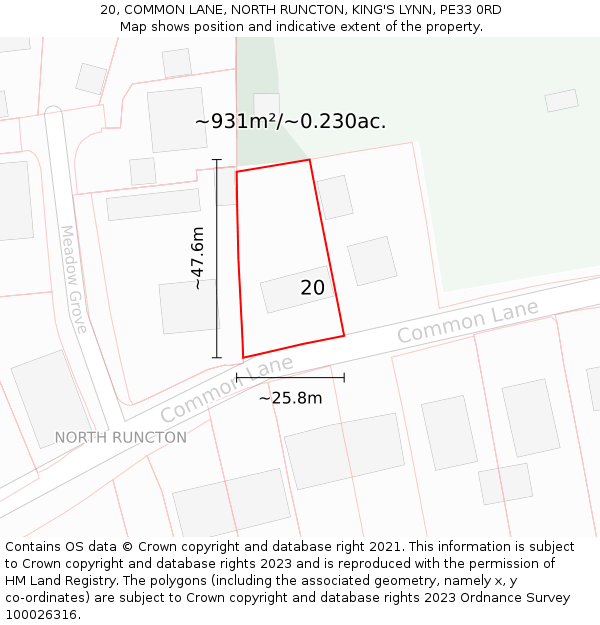 20, COMMON LANE, NORTH RUNCTON, KING'S LYNN, PE33 0RD: Plot and title map