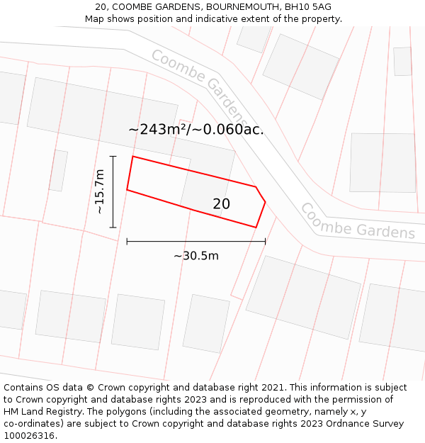 20, COOMBE GARDENS, BOURNEMOUTH, BH10 5AG: Plot and title map