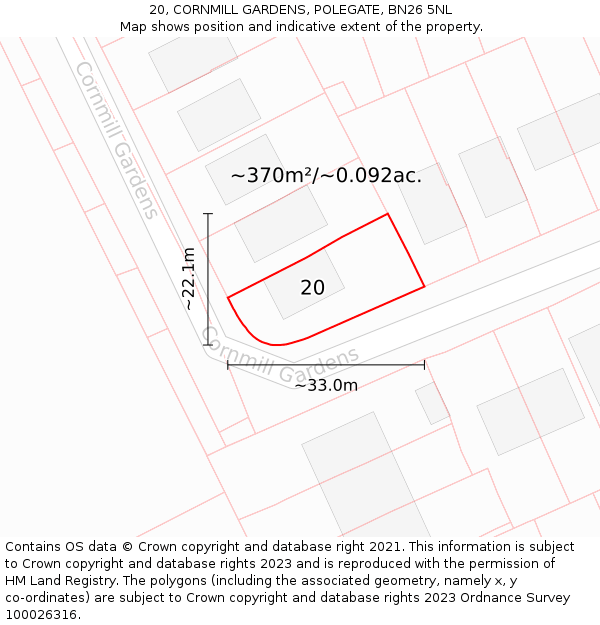 20, CORNMILL GARDENS, POLEGATE, BN26 5NL: Plot and title map