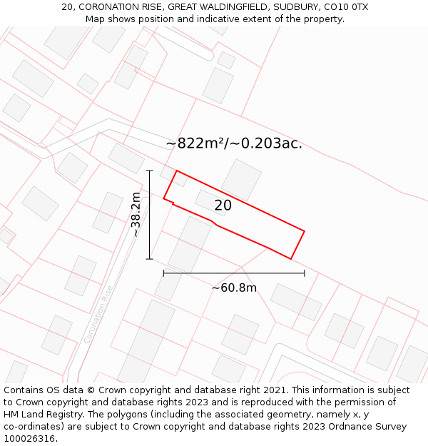 20, CORONATION RISE, GREAT WALDINGFIELD, SUDBURY, CO10 0TX: Plot and title map