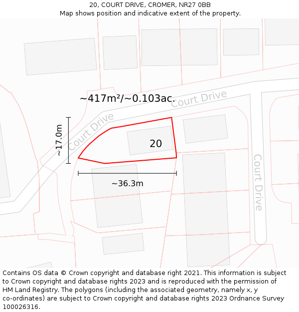 20, COURT DRIVE, CROMER, NR27 0BB: Plot and title map