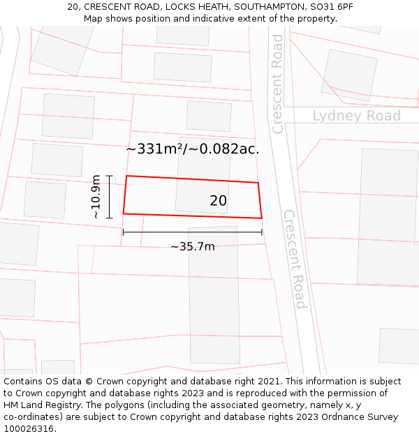 20, CRESCENT ROAD, LOCKS HEATH, SOUTHAMPTON, SO31 6PF: Plot and title map