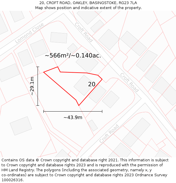 20, CROFT ROAD, OAKLEY, BASINGSTOKE, RG23 7LA: Plot and title map