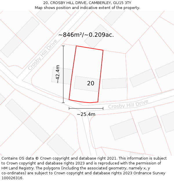 20, CROSBY HILL DRIVE, CAMBERLEY, GU15 3TY: Plot and title map