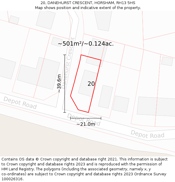 20, DANEHURST CRESCENT, HORSHAM, RH13 5HS: Plot and title map